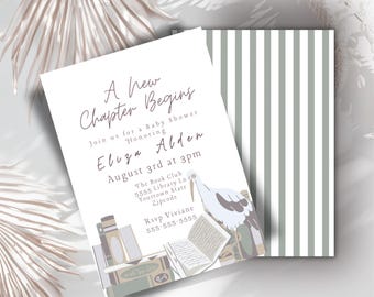 Editable new chapter awaits baby shower book invite themed library story book theme invitation new chapter begins sage baby book club theme