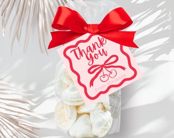 Editable cherry on top birthday cherry themed bow favor tags party Bow theme party Coquette cherry wavy thank you doodle gift tag digital