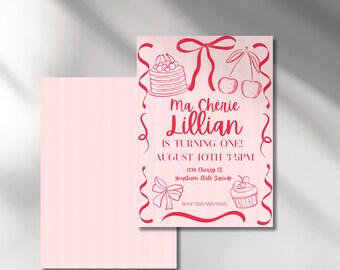 Editable fancy cherry cake  1st birthday bow invites,  Bow theme party Coquette aesthetic, wavy hand drawn illustrated invite  printable