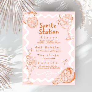 Spirit station drink menu make your own drink bar perfect for aperol Spritz theme, pink and orange bridal shower, baby shower birthday girl citrus theme