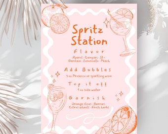 Signe de menu de boisson spritz orange modifiable doodle dessinés à la main sentiment Spritzy agrumes spritz bar station enterrement de vie de jeune fille décoration imprimable