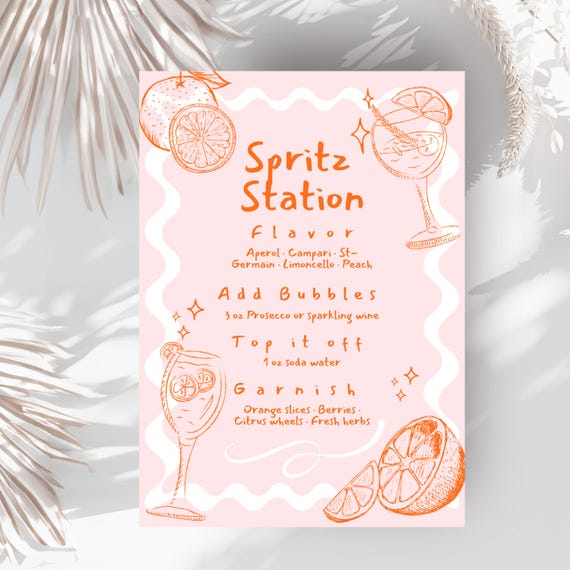 Orange Italian  Spritz Bar Menu Sign: Retro Doodle Design (Editable Canva Template, 5x7 Digital Download)