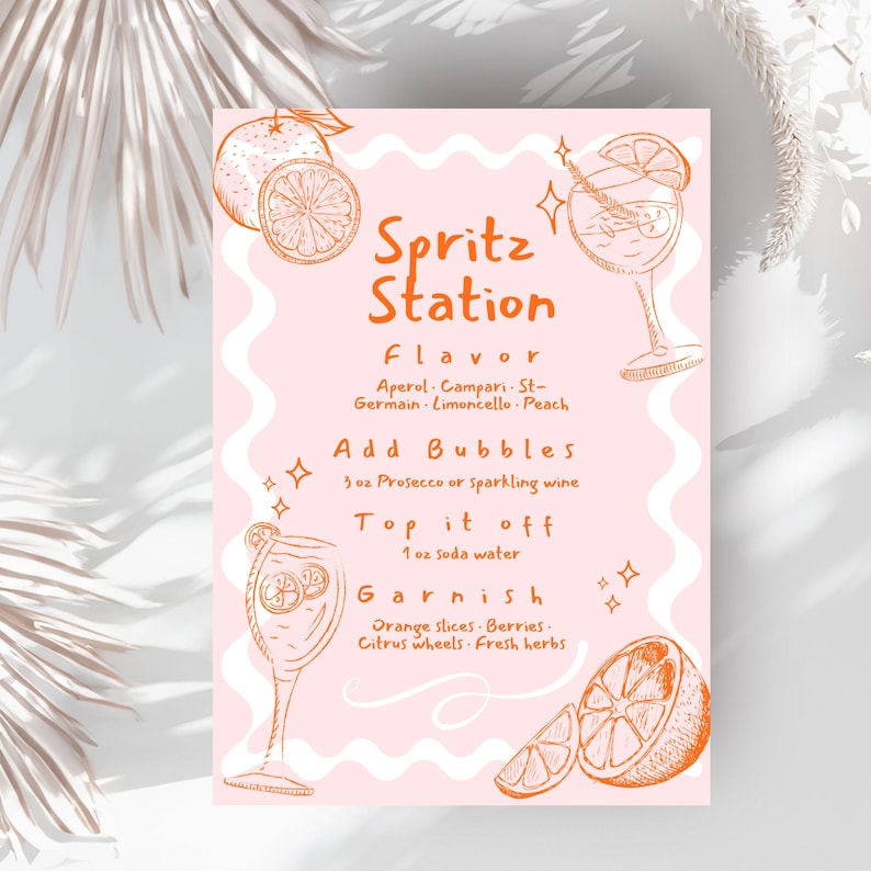 Spirit station drink menu make your own drink bar perfect for aperol Spritz theme, pink and orange bridal shower, baby shower birthday girl citrus theme