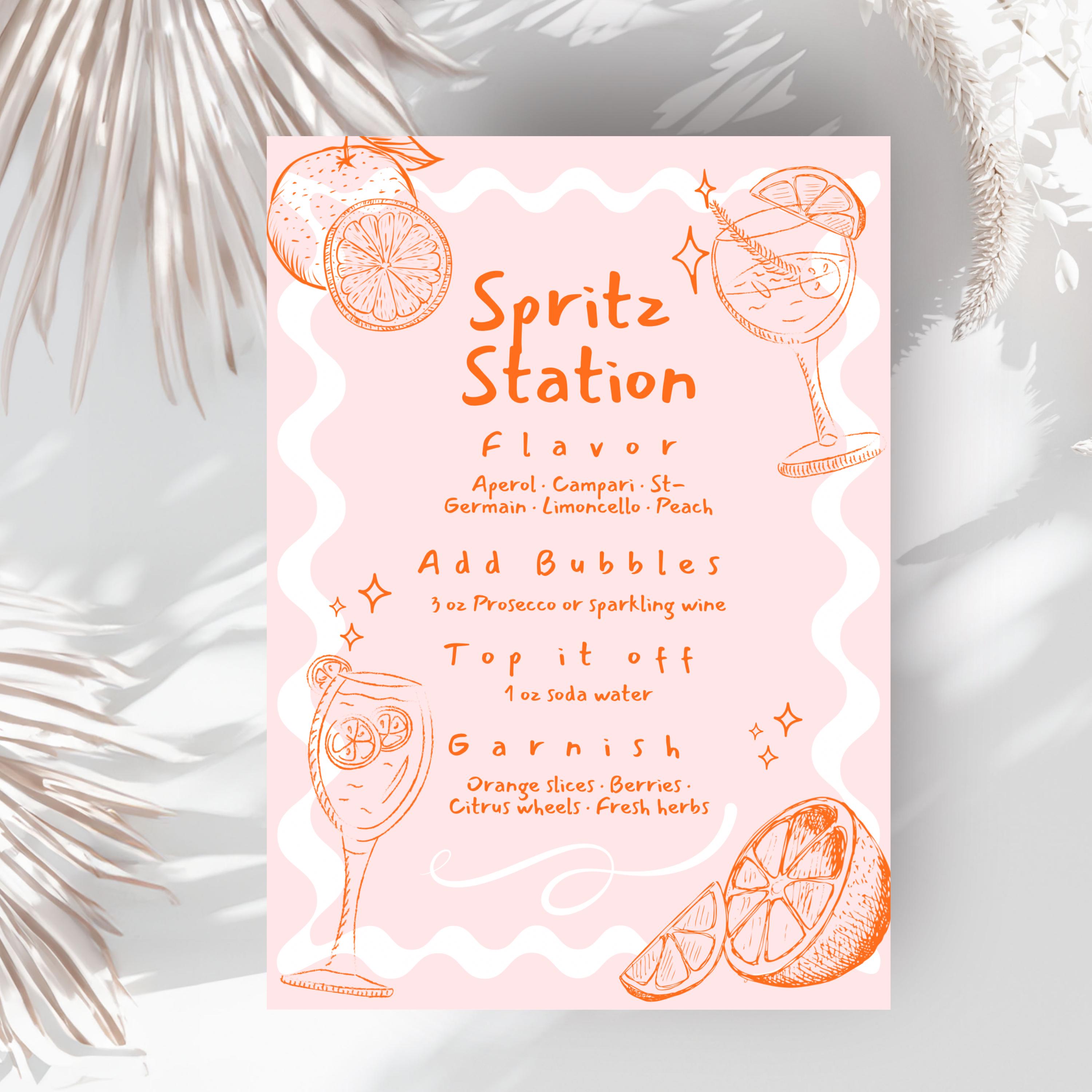 Editable- aperol spritz drink menu sign doodle hand drawn feeling Spritzy spritz bar  station bridal shower  spritz party decor  Printable