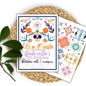 Invitación editable del Día de los Muertos, fiesta infantil colorida, fiesta temática de azulejos mexicanos, fiesta del Cinco de Mayo