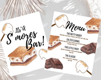 May include: A printable sign for a s'mores bar with the text "It's a S'mores Bar!" and a watercolor illustration of a s'mores. The sign is next to a menu with different s'mores variations, including "The Nutty Buddy", "Salted Caramel", "This Little Piggy", and "The Classic".