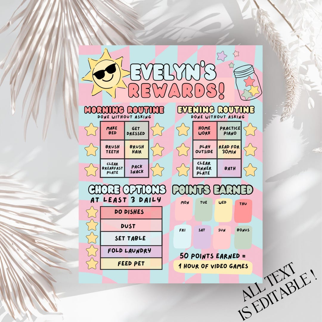 Editable Kids Rewards Chart: Weekly Chore Tracker, Canva Template ...