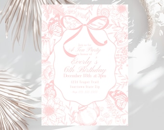 Digital childrens tea party invitation garden party birthday bow butterfly tea time invite blush princess tea party printable