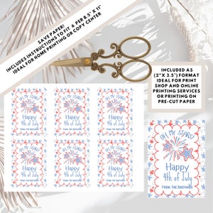 May include: Six printable 2 x 3.5 inch cards with a red, white, and blue patriotic design featuring fireworks and stars. The text on the cards reads "Oh My Stars! Happy 4th of July" with the sender's name at the bottom. The cards are designed to be printed on 8.5 x 11 inch paper.