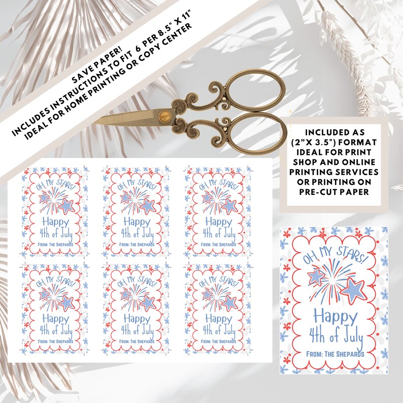 May include: Six printable 2 x 3.5 inch cards with a red, white, and blue patriotic design featuring fireworks and stars. The text on the cards reads "Oh My Stars! Happy 4th of July" with the sender's name at the bottom. The cards are designed to be printed on 8.5 x 11 inch paper.
