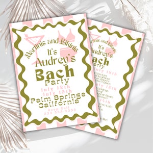 Editable- martini and bikini   invitation tini bachelorette weekend invite, bachelorette retro cocktail beach  itenerary  -Printable