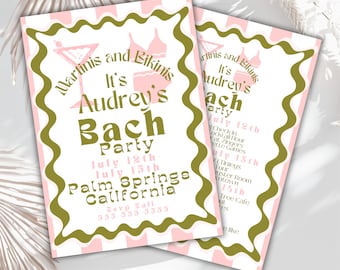 Editable- martini and bikini   invitation tini bachelorette weekend invite, bachelorette retro cocktail beach  itenerary  -Printable