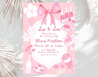 Editable sip and see fancy bow invites, caviar & champagnes doodle sip n see baby shower pink Bow theme party Coquette aesthetic printable