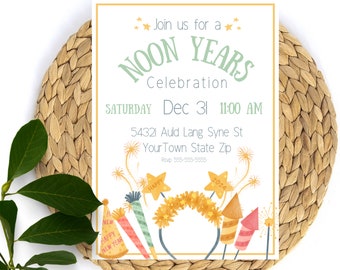 May include: A New Year's Eve party invitation with a green and yellow color scheme. The invitation features a whimsical illustration of fireworks and party hats. The text reads "Join us for a Noon Years Celebration, Saturday Dec 31, 11:00 AM, 54321 Auld Lang Syne St, YourTown State Zip, Rsvp 555-555-5555".