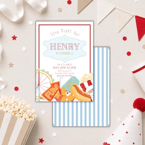 May include: A carnival-themed invitation with the text "Step Right Up!" and "HENRY IS TURNING 5". The invitation features illustrations of a Ferris wheel, popcorn, hot dogs, and tickets. The background is white with red and blue accents.