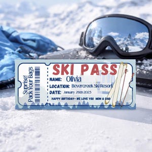 May include: A ski pass with the text "SKI PASS" and the name "Olivia". The pass also includes the location "Bevercreek Ski Resort" and the date "January 26th 2025". The pass has a blue and white design with ski graphics.