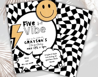 Editable five a vibe happy dude invite cool dude  5th Birthday party 90s punk smiley happy theme party Invitation skater Download evidence e