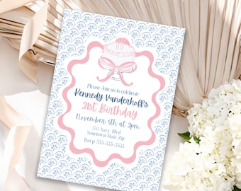 Invitación editable con lazo para 21 cumpleaños, temática coqueta (plantilla digital)