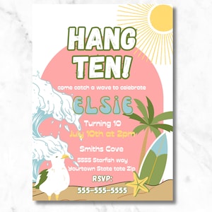 Editable-hang 10 invite-girl surfer invite- Hawaiian invitation- ocean invitation, surfer party, beach party-Canva -  Printable invitation