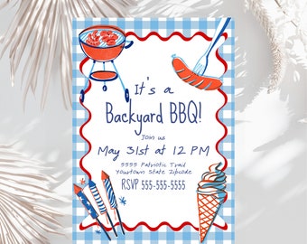BBQ Birthday Party Invitation – 4th of July Cookout, Editable Canva Template (PDF Printable)