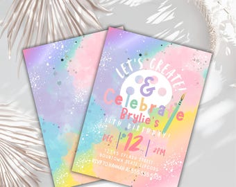Artist Party editable Invitation girl Art Party painting party paint party Pastel -Iridescent  Printable Template Instant Download