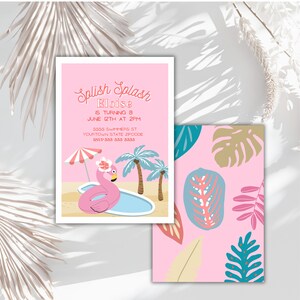 Peut inclure: Invitation rose avec un flamant rose de dessin animé dans une piscine, des palmiers et le texte "Splish Splash Eloise a 8 ans le 12 juin à 14h00 5555 Swimmers St Yourtown State Zipcode RSVP 333-333-3333"