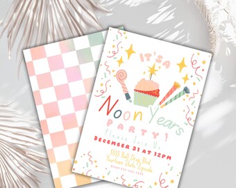 May include: A pink and white checkered background with a white invitation card. The invitation card has a colorful illustration of a cupcake with a lit candle, party horns, and confetti. The text on the card reads "It's a Noon Years Party! Please Join Us December 31 at 12PM 5555 Ball Drop Blvd Yourtown State Zipcode"