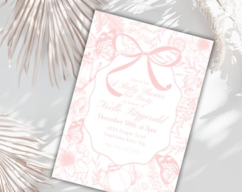 Digital tea themed baby shower invitation garden bow baby shower spring floral blush grandmillenial invite pink teapot baby shower printable