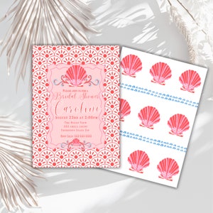 Puede incluir: Una invitación de ducha nupcial rosa y roja con un diseño de concha. La invitación dice "Please join us for a Bridal Shower Caroline August 23rd at 2:00pm The Ocean View 555 Shell Court Yourtown State Zip RSVP Lilly 555-555-5555".