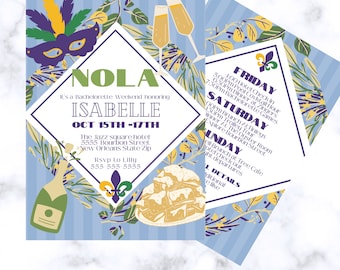 May include: A blue and green invitation for a bachelorette weekend in New Orleans, Louisiana. The invitation features a fleur-de-lis, a mask, and a glass of champagne. The text on the invitation reads "NOLA" and "It's a Bachelorette Weekend honoring Isabelle Oct 15th-17th".