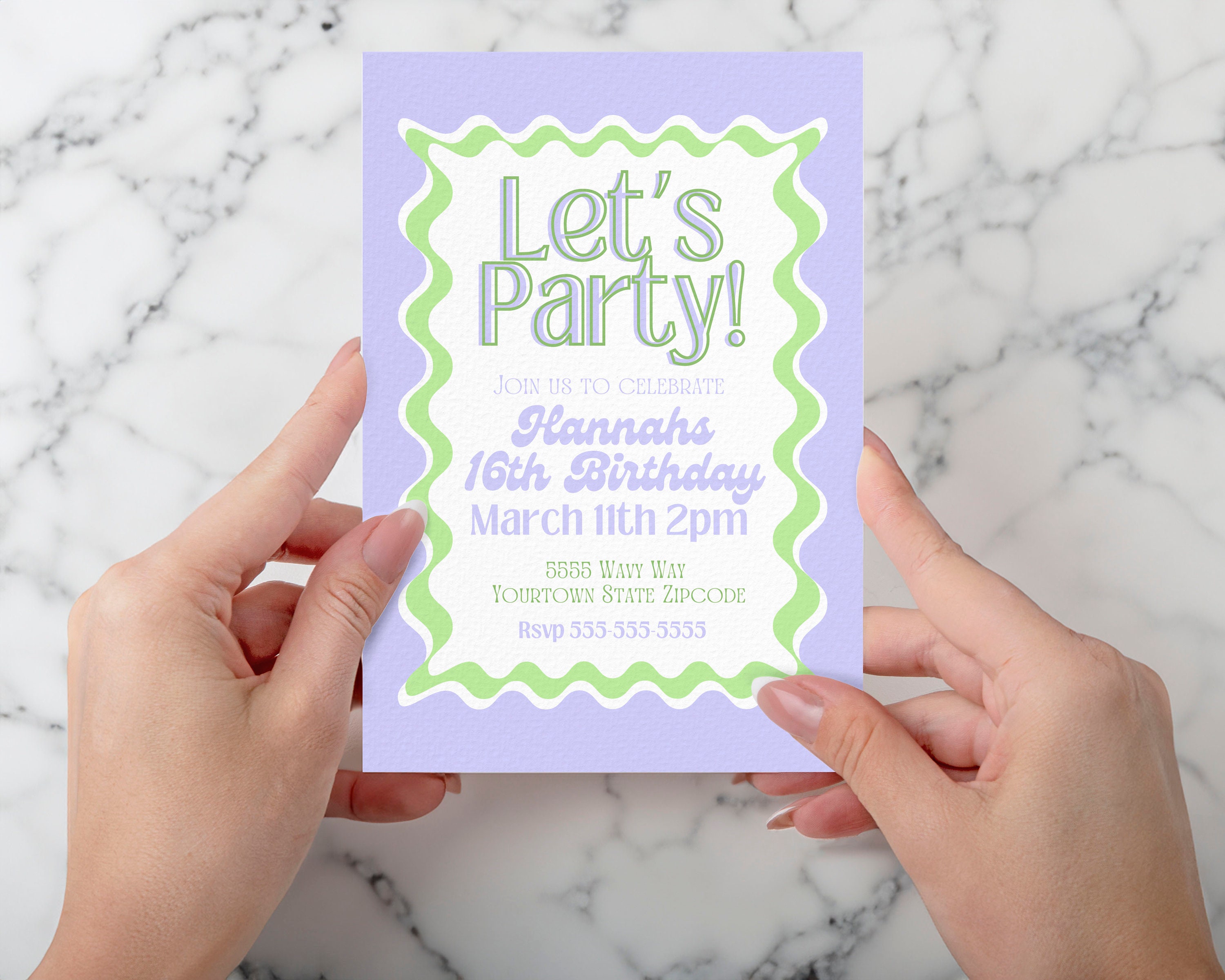 Editable wavy retro invites periwinkle 2000s theme invite lime green wavy birthday preppy lavender invite 1990s retro party
