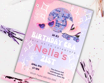 Editable skate In my birthday era pop singer  birthday  invitation fan girl, skater birthday roller derby skating rink invitation Printable