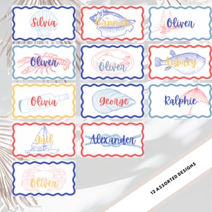 Conjunto de tarjetas editables para colocar el lugar en una boda costera, cena de ensayo, doodle junto al mar, ilustración de mariscos hervidos, cena oceánica, fiesta junto al mar en los Hamptons.