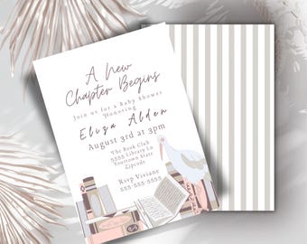 Editable new chapter awaits baby shower book invite themed library story book theme invitation new chapter begins baby book club theme
