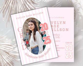 Editable girl Graduation photo Invitation open house Class of 2025 Editable Grad Party Invite Pink evite high school graduate Download