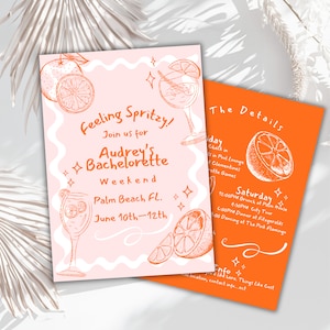 Invitación editable a aperol spritz dibujada a mano con un toque de doodle. Invitación de fin de semana de despedida de soltera llena de energía, itinerario de despedida de soltera. Imprimible