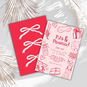pjs and Prosecco Galentines or birthday printable inches with bows and doodle Galentines designs pink and red for perfect gals night in staying doodles of comfy pajamas and champagne