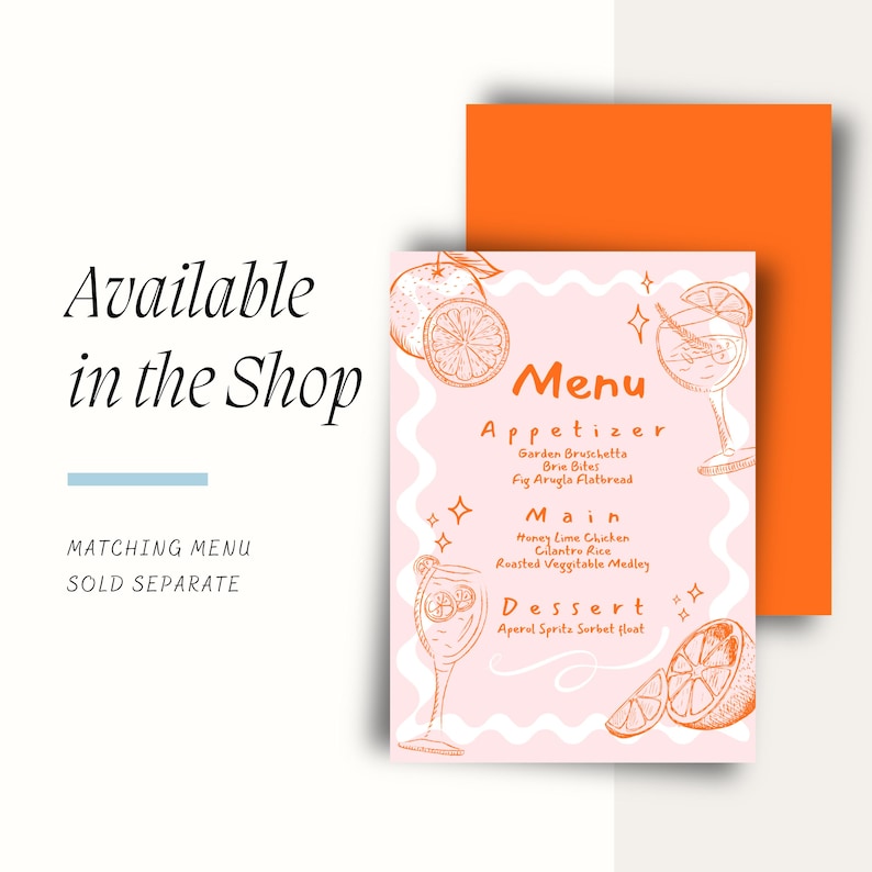 Peut inclure: Une carte de menu rose avec des illustrations oranges d'agrumes et de cocktails. Le menu comprend des entr&eacute;es, des plats principaux et des desserts. Le texte "Available in the Shop" est affich&eacute;, ainsi que "Matching Menu Sold Separate."