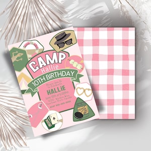 May include: A pink and green birthday invitation with the text "CAMP Hallie 10TH BIRTHDAY". The invitation includes illustrations of camping-themed items like a hat, sunglasses, and a tent. The back of the invitation has a pink and white checkered pattern.