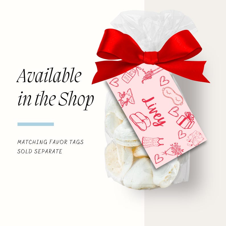 May include: A clear plastic bag filled with white meringue cookies tied with a red ribbon and a pink favor tag with the text "Livey" and pink illustrations of gifts, sleep masks, and other items.