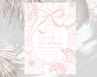 Editable bonjour to four invitation garden Paris birthday oh La la bow butterfly eiffle tower invite blush French themed party printable
