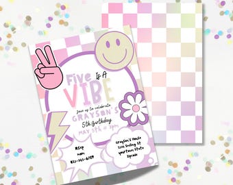 Bearbeitbar adrette fünf ein vibe Mädchen laden cool Mädchen 5.Geburtstagsfeier 90er Jahre Punk Smiley glücklich Thema Party Einladung Skater Herunterladen