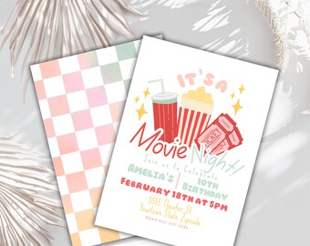 Bewerkbare film themafeest verjaardag nacht, retro film pizza nacht theater film thema-uitnodiging film popcorn, afdrukbaar