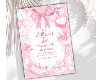 Invitación editable con lazo para 21 cumpleaños, fiesta coqueta (plantilla digital)
