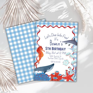 Editable dive into five invitation beach pool party boys 5th birthday  invitation ocean theme party Invitation summer Download evite