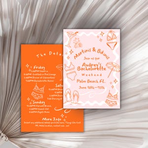Editable- bikinis and martinis invitation doodle dirty martini beach bachelorette weekend invite, bachelorette trip itinerary Printable