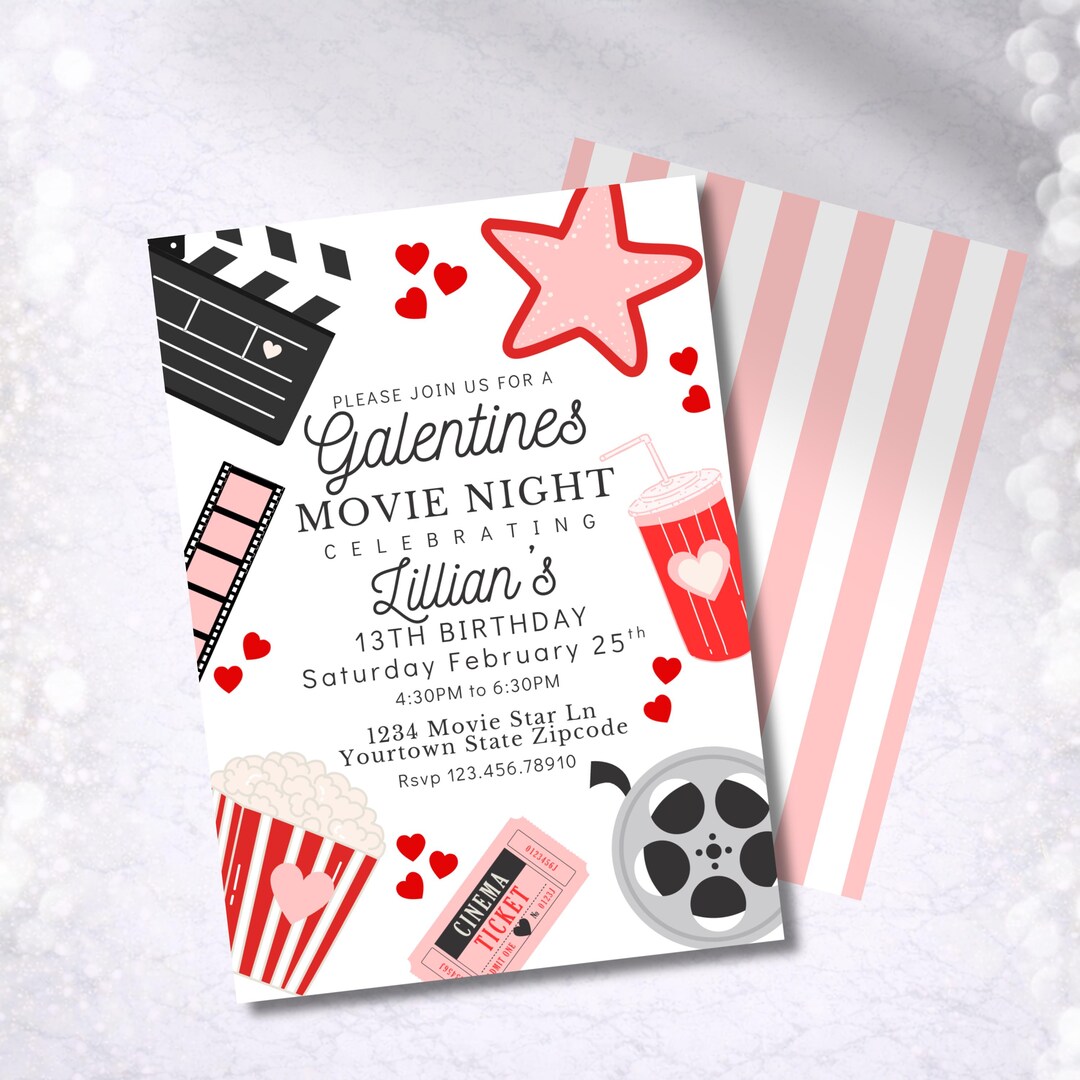 Rom Invite Examples Kids Galentines Movie Night Invite Rom Com Birthday Valentines ...