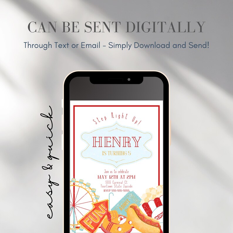 May include: A digital invitation for a birthday party displayed on a smartphone. The invitation features a carnival theme with the name "HENRY" and the text "IS TURNING 5". The invitation includes the date, time, and location.
