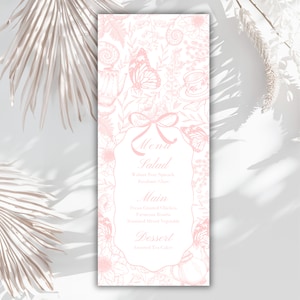 Bearbeitbares Teeparty Braut Babyparty langes Menü, Hochzeitsparty blush Braut Gartenpartymenü, Babypartymenü druckbare Vorlage