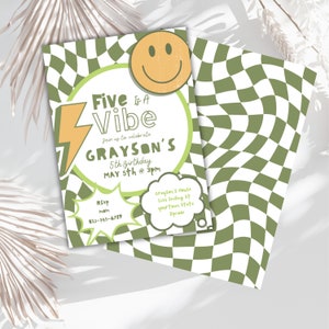 Redigerbar inbjudan till "five a vibe happy dude" med cool dude, sage, 5-årsfest, 90-tals punk, smiley, happy-temafest, skater, nedladdning, evite